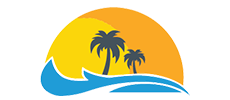 Wunderlust Travel logo beach and two palm trees with waves.
